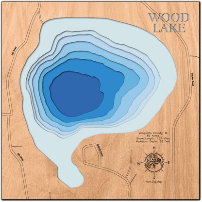 Handcrafted 3D wood map of Wood Lake in Marquette County, WI, ideal for lake enthusiasts.