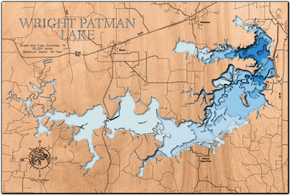 High-definition wooden relief map of Wright Patman Lake in Bowie and Cass Counties, TX, handmade for durability.