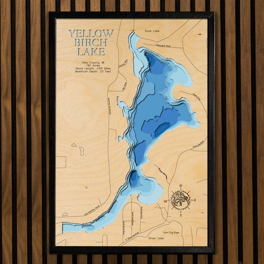 Yellow Birch Lake in Vilas County, WI in stunning 3D wood map design, with detailed topography.