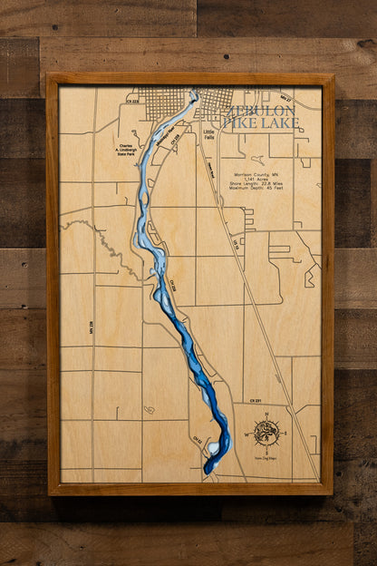 A high-quality laser-cut wooden map of Zebulon Pike Lake, featuring a natural wood top layer that precisely follows the 22.8-mile shoreline. The water is depicted using multi-layered wood with a vibrant light-to-dark blue gradient, illustrating the 45-foot depth. This elegant 3D topographic art piece is designed to be a sophisticated focal point for cabin walls and modern home interiors.