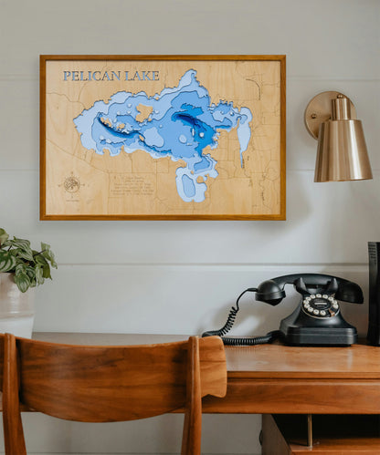 3D Pelican Lake map (St. Louis County, MN) in a cherry frame, showcased in a vintage setting with classic decor.