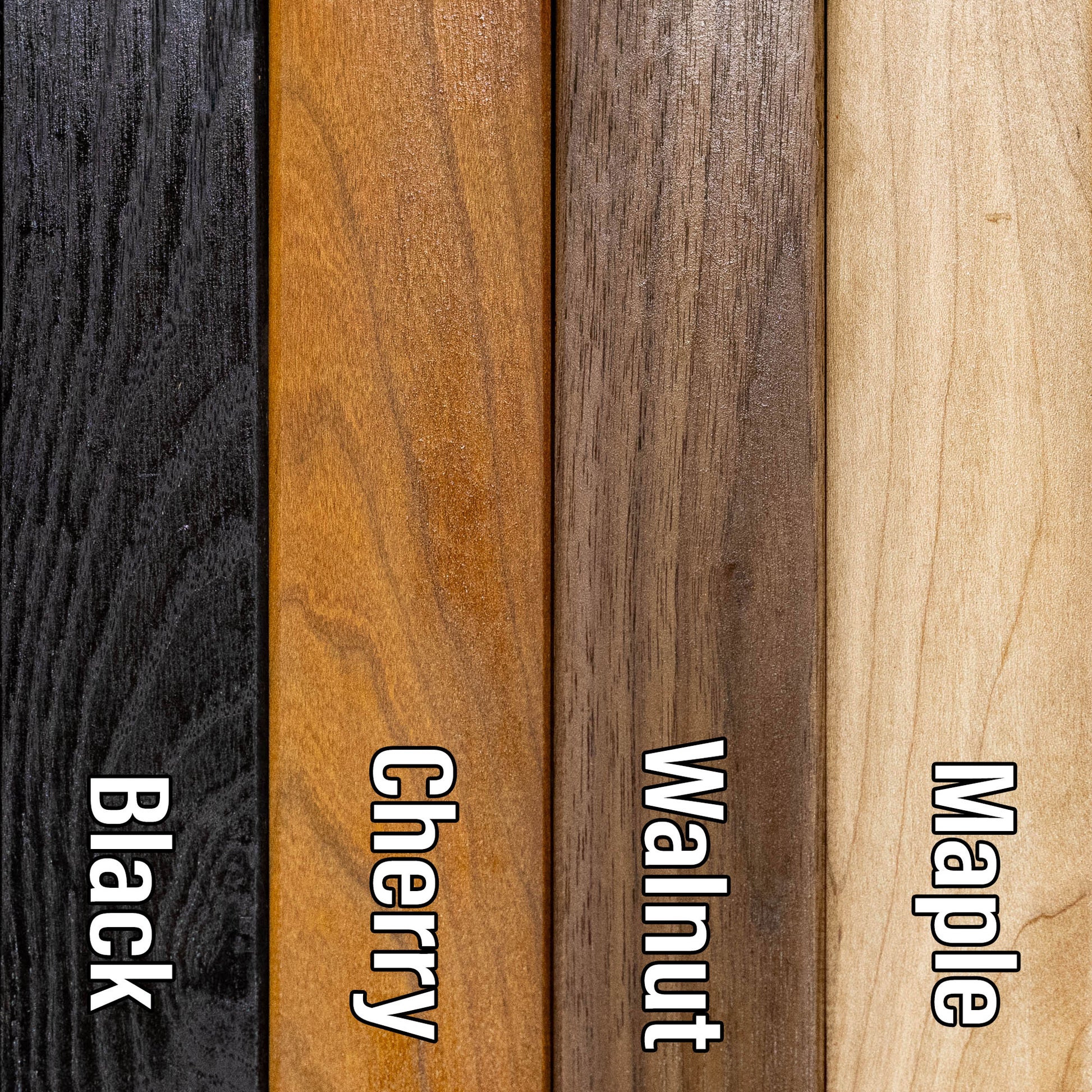 Closeup of the 3D lake map frame color options, featuring Black, Cherry, Walnut, and Maple finishes.