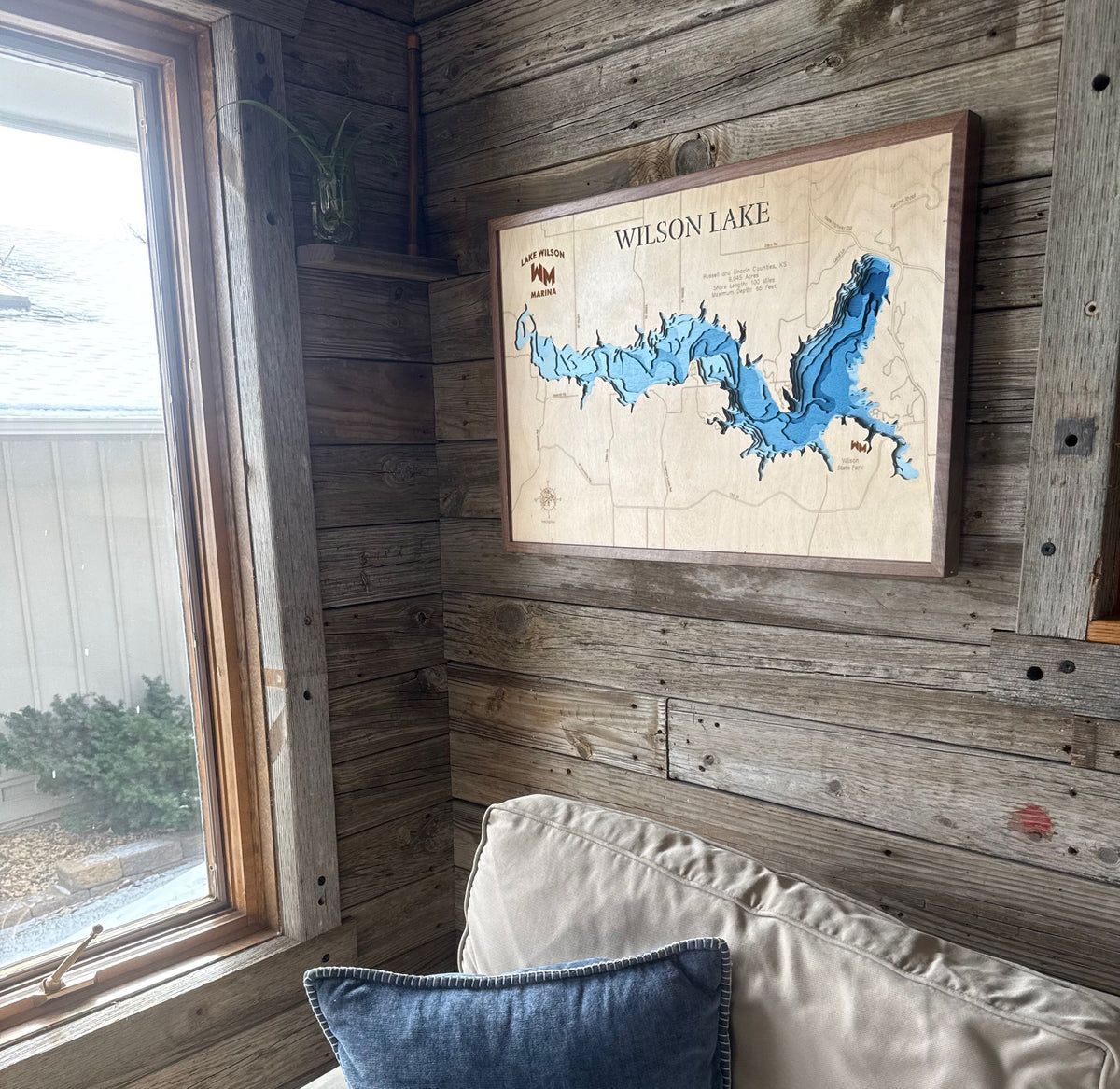 3D Burt Lake and Mullett Lake with a maple frame.