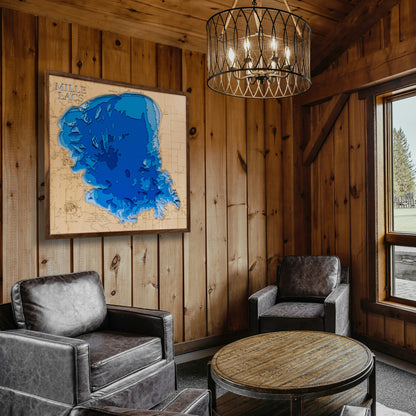 3D Lake Mille Lacs map in a walnut frame on a cabin wall, showcasing detailed depth layers and shoreline features.