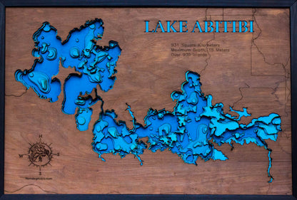 Lake Abitibi in Ontario and Quebec, Canada in stunning 3D wood map design, with detailed topography.