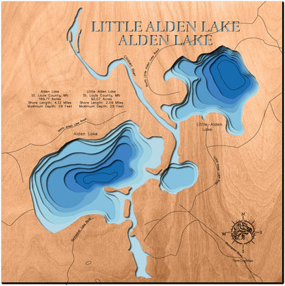 Alden Lake and Little Alden Lake in St. Louis County, MN in stunning 3D wood map design, with detailed topography.