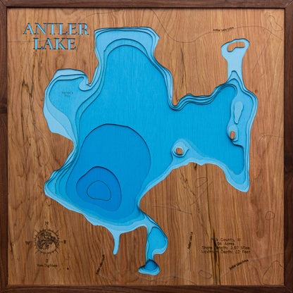 Decorative 3D wooden lake map of Antler Lake in Polk County, WI, crafted with care.