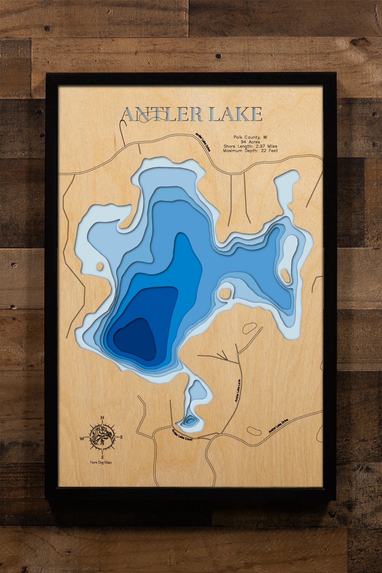 Decorative 3D wooden lake map of Antler Lake in Polk County, WI, crafted with care.