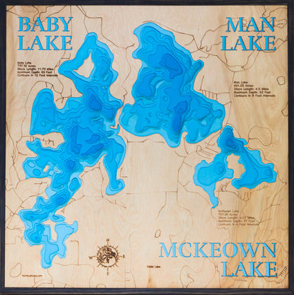 Baby, Man, and McKeown Lakes in Cass County, MN in stunning 3D wood map design, with detailed topography.