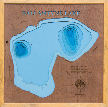 Unique wooden lake map of Ballantyne Lake in Blue Earth County, MN, featuring intricate depth details.