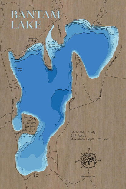 Bantam Lake in Litchfield County, CT engraved wood map, showcasing accurate topographical features.