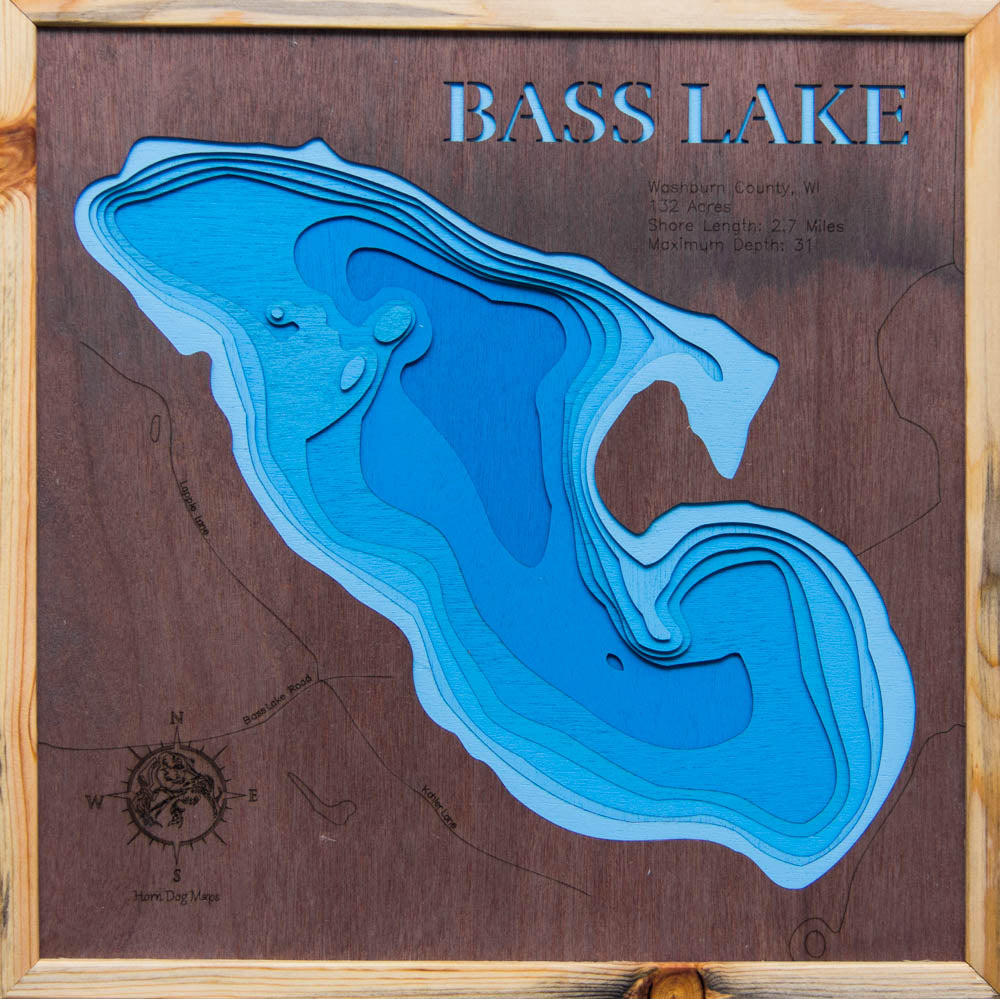 Bass Lake in Washburn County, WI custom 3D wood map, perfect for home decor and gifts.