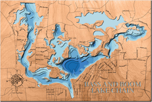 Bass Lake and Boom Lake in Oneida County, WI in stunning 3D wood map design, with detailed topography.