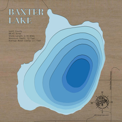 Precision-cut wooden map of Baxter Lake in Isanti County, MN, perfect for unique decor.