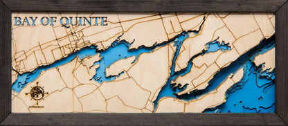 Detailed wooden relief map of 3D Wooden Lake Map of Bay of Quinte in Ontario, Canada, showcasing its natural beauty.