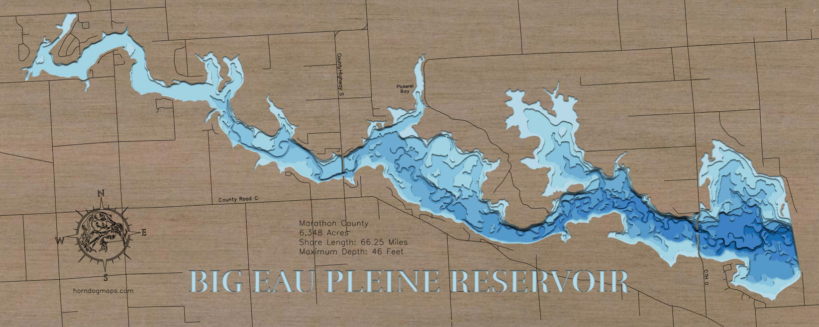 3D Wooden Lake Map of Big Eau Pleine Reservoir in Marathon County