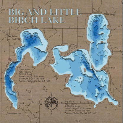 Big and Little Birch Lakes in Todd County, MN engraved wood map, showcasing accurate topographical features.