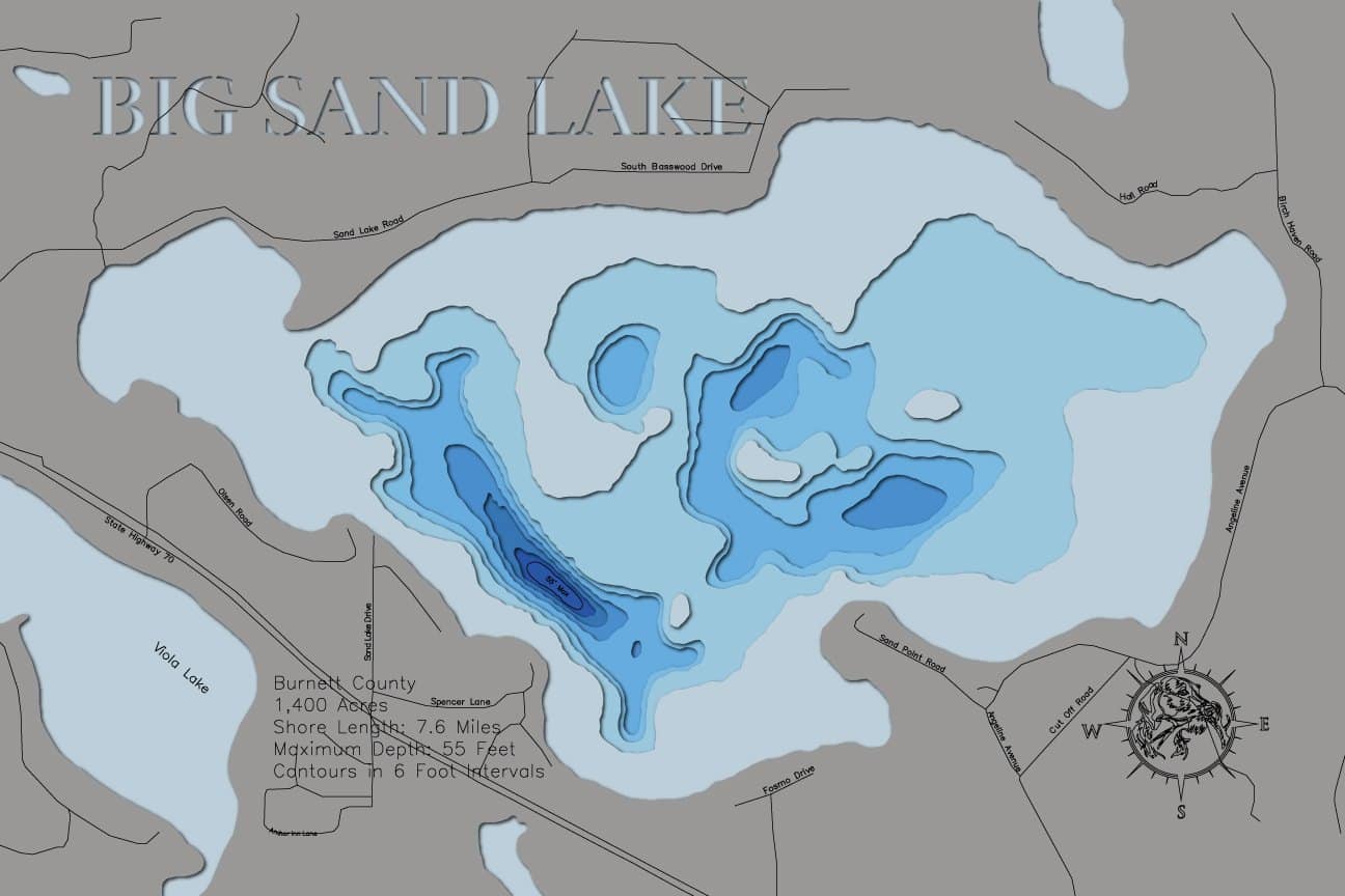 3d Depth Map of Big Sand Lake in Burnett County, Wisconsin