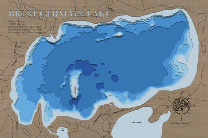 Custom wooden map of Big Saint Germain Lake in Vilas County, WI with layered depth highlights.