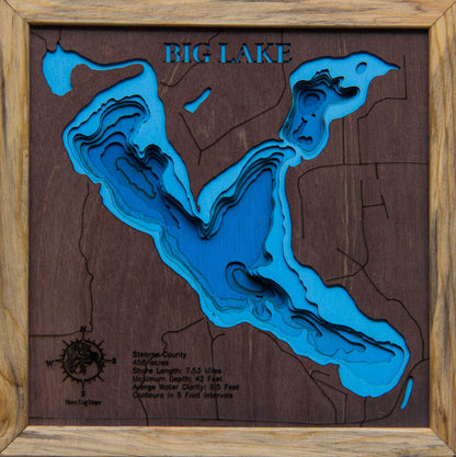 Exquisite wooden map of Big Lake in Stearns County, MN with detailed lakebed features.