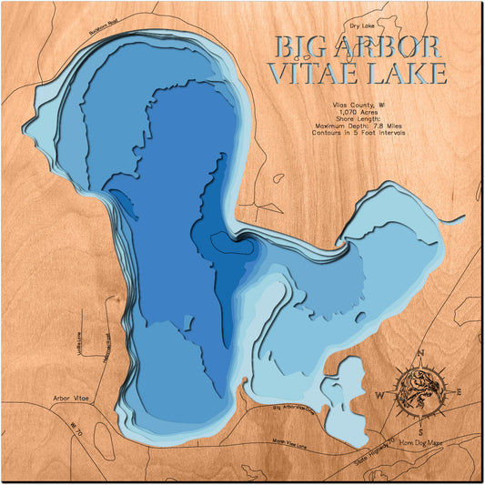 Artisanally carved wooden lake map of Big Arbor Vitae Lake in Vilas County, WI, highlighting bathymetry.