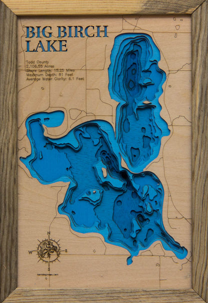 Decorative 3D wooden lake map of Big Birch Lake in Todd County, MN, crafted with care.