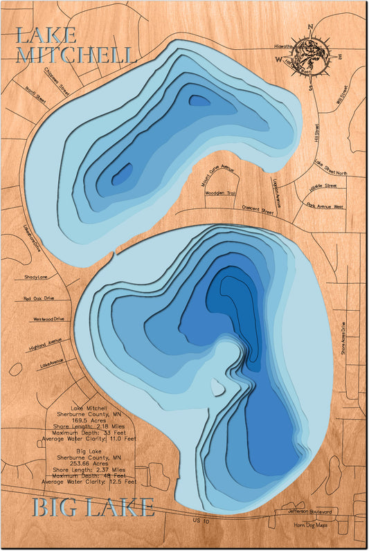 Precision-cut wooden map of Big Lake and Lake Mitchell in County, MN, perfect for unique decor.