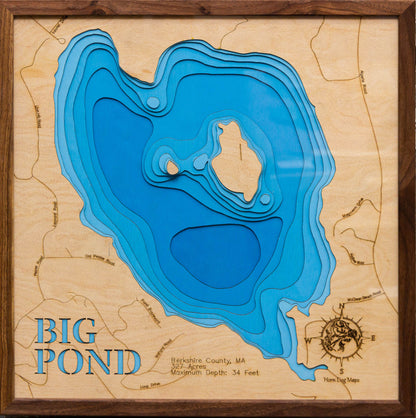 Artisanally carved wooden lake map of Big Pond in Berkshire County, MA, highlighting bathymetry.