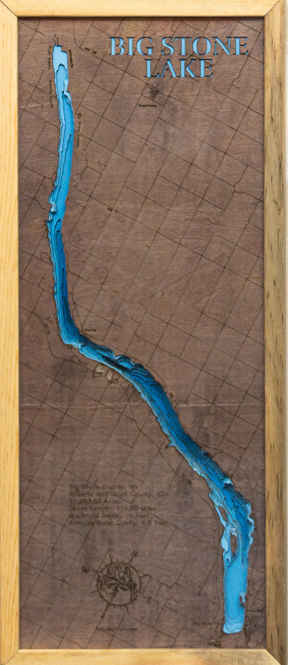 Custom wooden map of Big Stone Lake in Big Stone County, MN and Roberts and Grant Counties, SD with layered depth highlights.