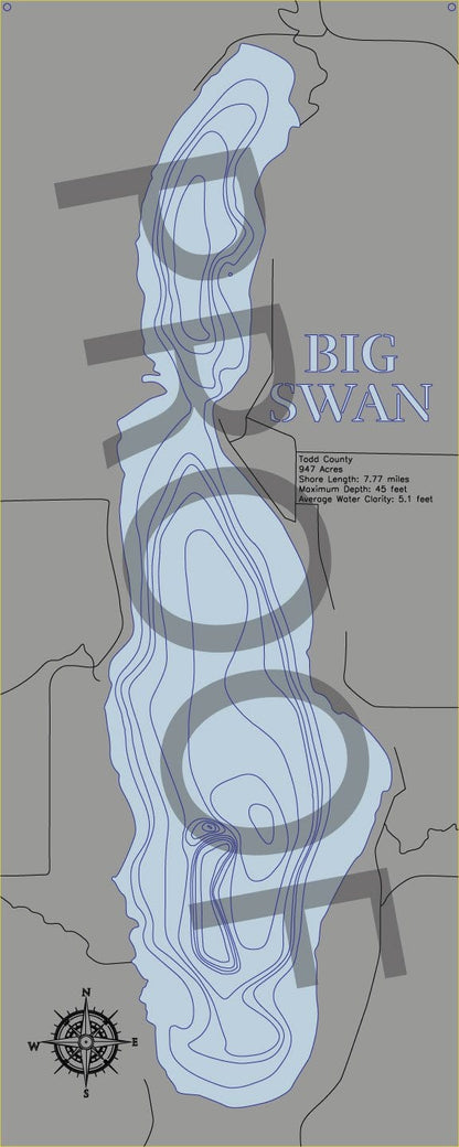 Exquisite wooden map of Big Swan (Todd) - horn-dog-maps with detailed lakebed features.