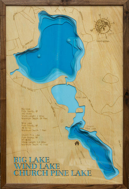 Exquisite wooden map of Big, Wind, and Church Pine Lakes in Polk County, WI with detailed lakebed features.