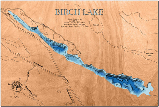 Detailed wooden relief map of Birch Lake in Cook County, MN, showcasing its natural beauty.