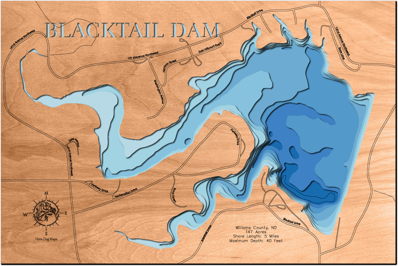 Handcrafted 3D wood map of Blacktail Dam in Williams County, ND, ideal for lake enthusiasts.
