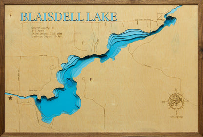 Laser-engraved relief map of Blaisdell Lake in Sawyer County, WI, crafted from wood with high precision.