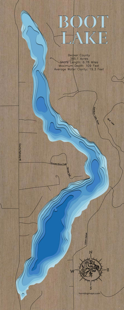 Boot Lake in Becker County, MN in stunning 3D wood map design, with detailed topography.