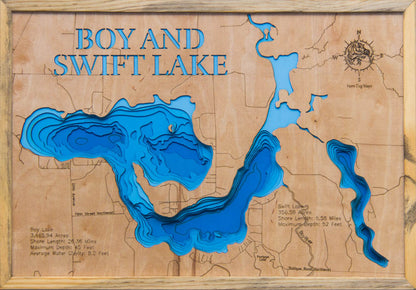 High-definition wooden relief map of Boy and Swift Lakes in Cass County, MN, handmade for durability.