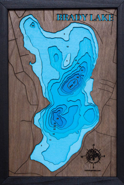 Artisanally carved wooden lake map of Brady Lake in Portage County, OH, highlighting bathymetry.