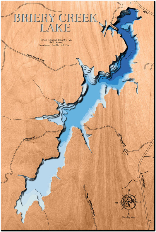 Custom wooden map of Briery Creek Lake in Prince Edward County, VA with layered depth highlights.