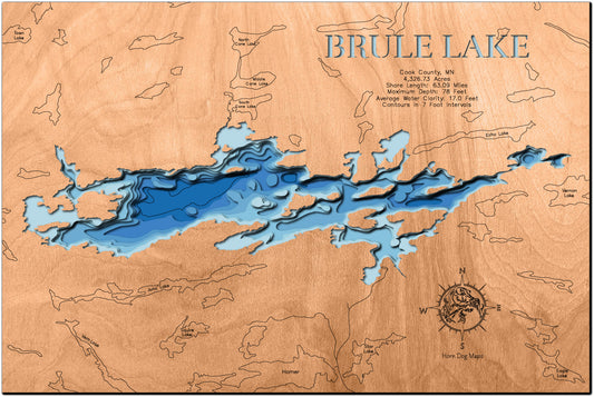 Detailed wooden relief map of Brule Lake in Cook County, MN, showcasing its natural beauty.