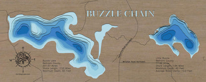 Decorative 3D wooden lake map of Buzzle Chain of Lakes in Beltrami County, Minnesota, crafted with care.