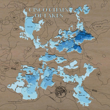 Exquisite wooden map of Cisco Chain  of Lakes in Vilas County, WI and Gogebic County, MI with detailed lakebed features.