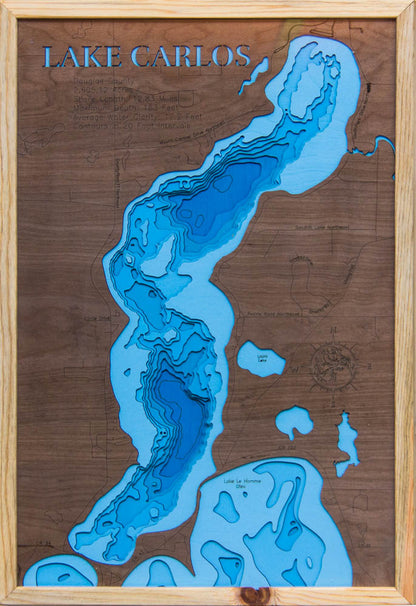 Detailed wooden relief map of Lake Carlos in Douglas County, MN, showcasing its natural beauty.