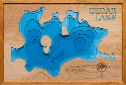 Precision-cut wooden map of Cedar Lake in Iron County, WI, perfect for unique decor.