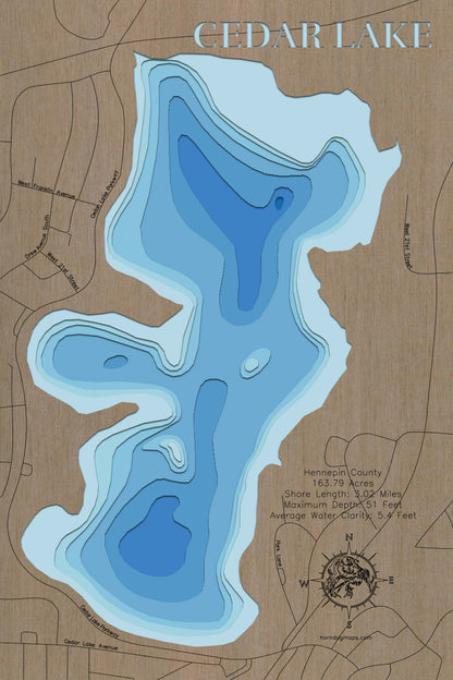 Handcrafted 3D wood map of Cedar Lake in Hennepin County, MN, ideal for lake enthusiasts.