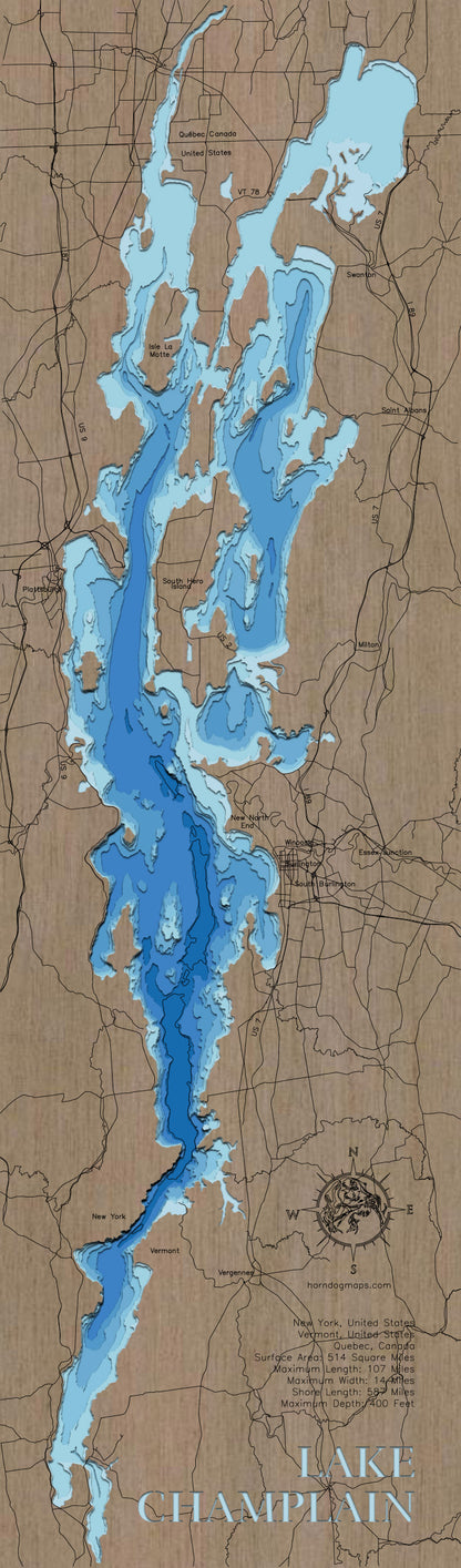 Detailed wooden relief map of Lake Champlain in New York, Vermont, and Quebec, Canada., showcasing its natural beauty.