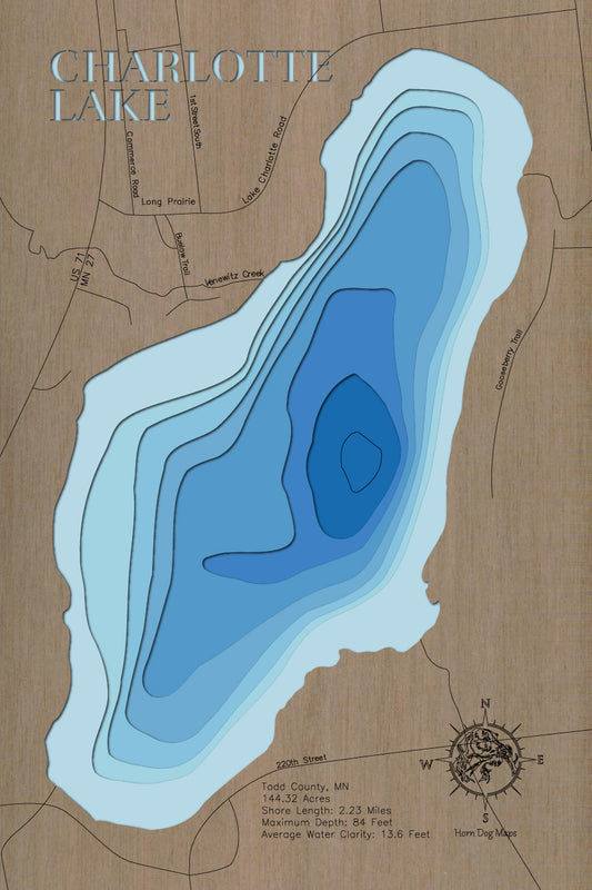 Unique wooden lake map of Charlotte Lake in Todd County, MN, featuring intricate depth details.