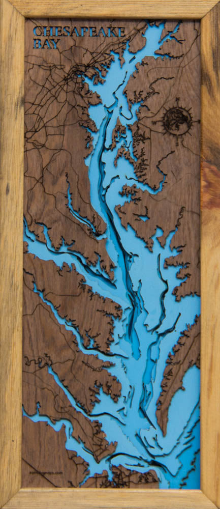 Custom wooden map of Chesapeake Bay with layered depth highlights.