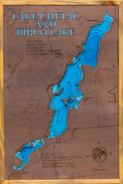 Chetac Lake in Sawyer County, WI and Birch Lake in Washburn County, WI engraved wood map, showcasing accurate topographical features.