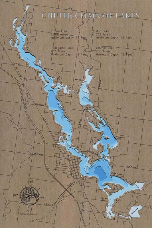 Chetek Chain of Lakes in Barron County, WI 3D depth map, laser cut from high-quality wood.