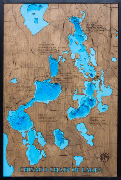 Detailed wooden relief map of Chisago Chain of Lakes in Chisago County, MN, showcasing its natural beauty.